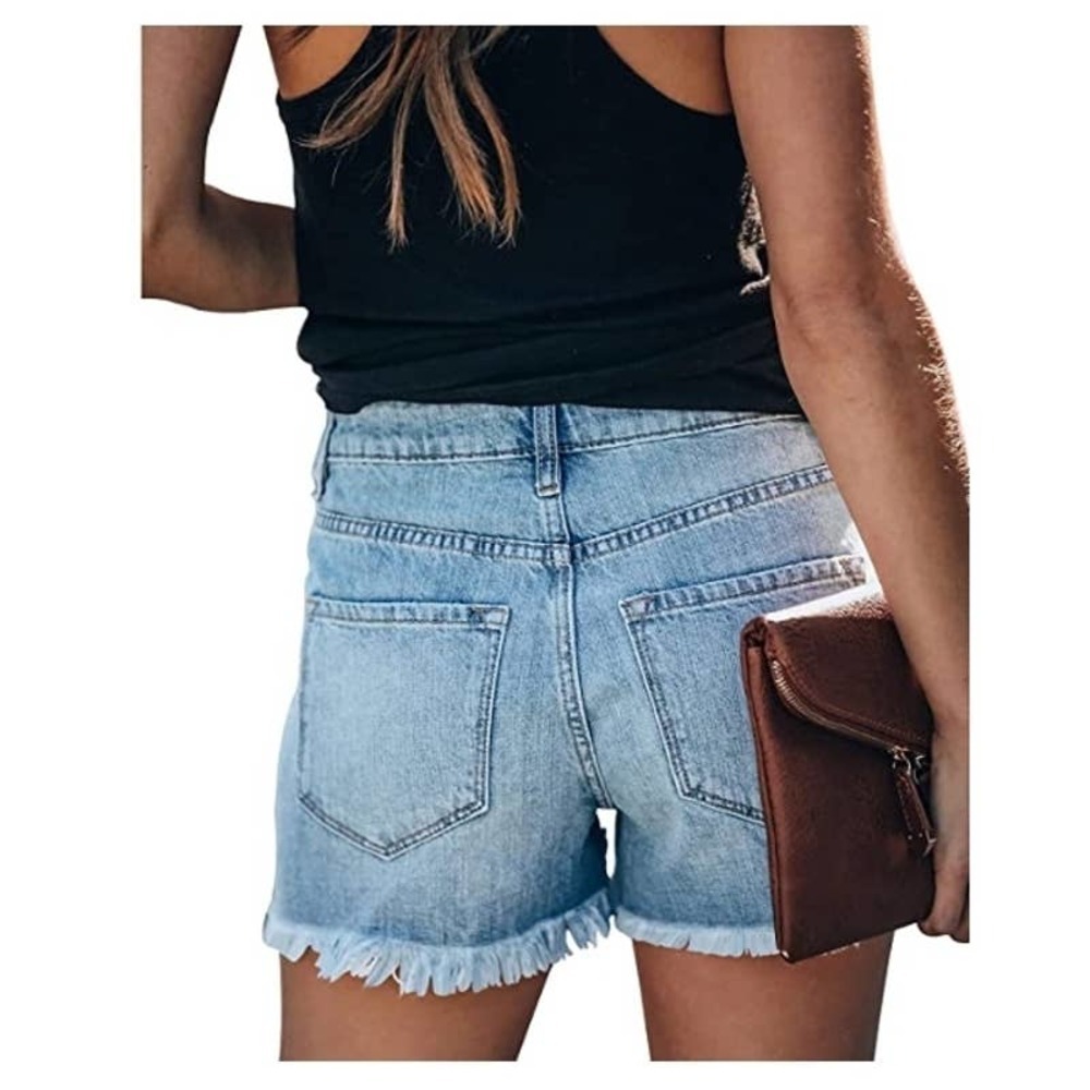 Folivora Denim Shorts Distressed Frayed Hem Blue NWT - Picture 4 of 10